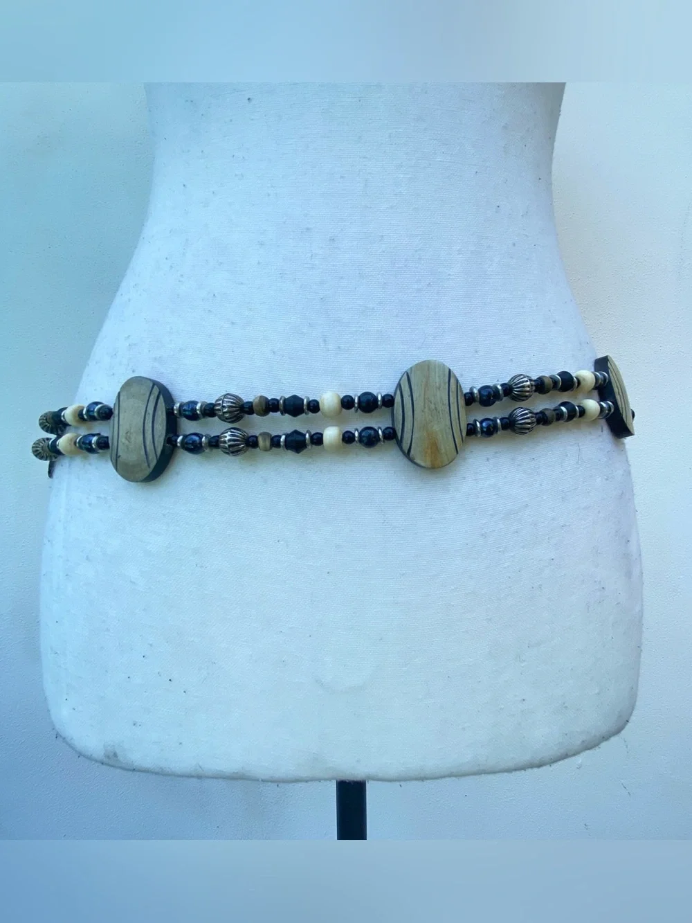 Y2K Black Tan & Cream Tribal Beaded Belt One Size